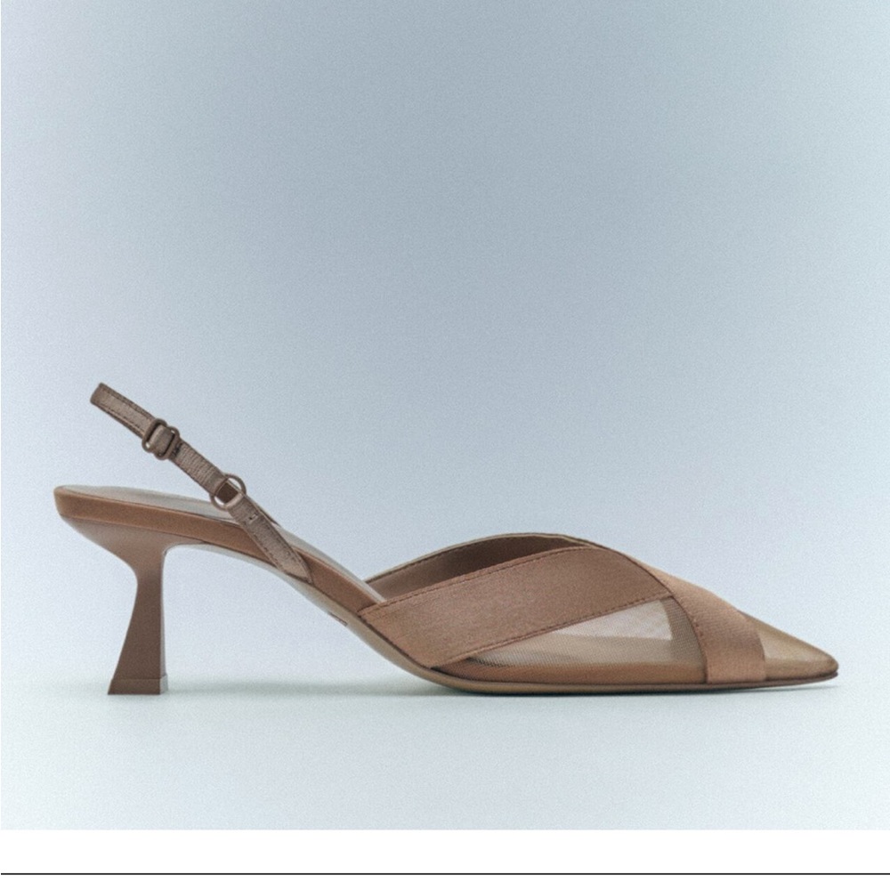 Zara Mesh Slingback Heels. Size 7 1/2 (38). Color: Beige